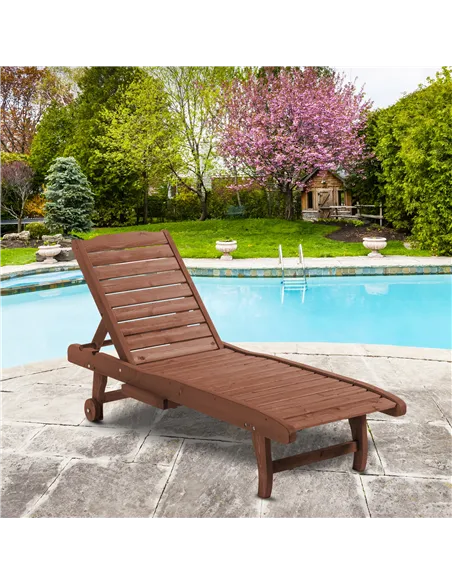 Outsunny Outdoor Wooden Lounger Chair, Sun Bed with Built-In Table, Adjustable Backrest and Wheels, Red Brown