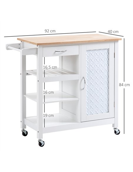 HOMCOM Kitchen Trolley, Kitchen Island on Wheels with Embossed Door Panel, Utility Kitchen Cart with 3 Storage Shelves, White
