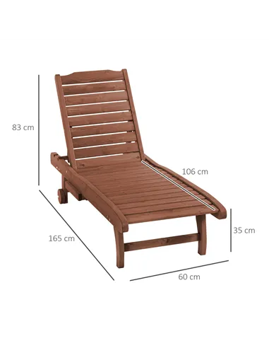 Outsunny Outdoor Wooden Lounger Chair, Sun Bed with Built-In Table, Adjustable Backrest and Wheels, Red Brown
