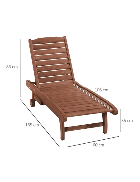 Outsunny Outdoor Wooden Lounger Chair, Sun Bed with Built-In Table, Adjustable Backrest and Wheels, Red Brown