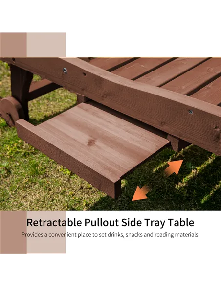 Outsunny Outdoor Wooden Lounger Chair, Sun Bed with Built-In Table, Adjustable Backrest and Wheels, Red Brown