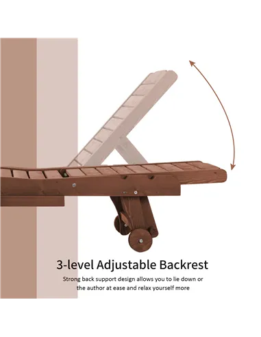 Outsunny Outdoor Wooden Lounger Chair, Sun Bed with Built-In Table, Adjustable Backrest and Wheels, Red Brown