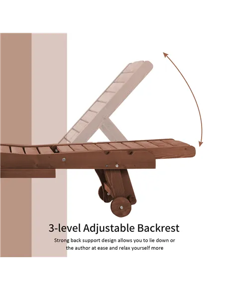 Outsunny Outdoor Wooden Lounger Chair, Sun Bed with Built-In Table, Adjustable Backrest and Wheels, Red Brown