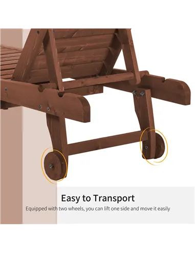 Outsunny Outdoor Wooden Lounger Chair, Sun Bed with Built-In Table, Adjustable Backrest and Wheels, Red Brown