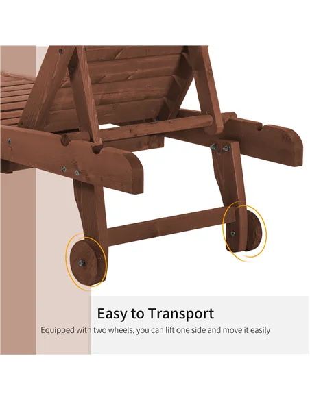 Outsunny Outdoor Wooden Lounger Chair, Sun Bed with Built-In Table, Adjustable Backrest and Wheels, Red Brown