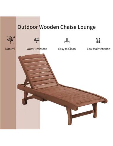 Outsunny Outdoor Wooden Lounger Chair, Sun Bed with Built-In Table, Adjustable Backrest and Wheels, Red Brown