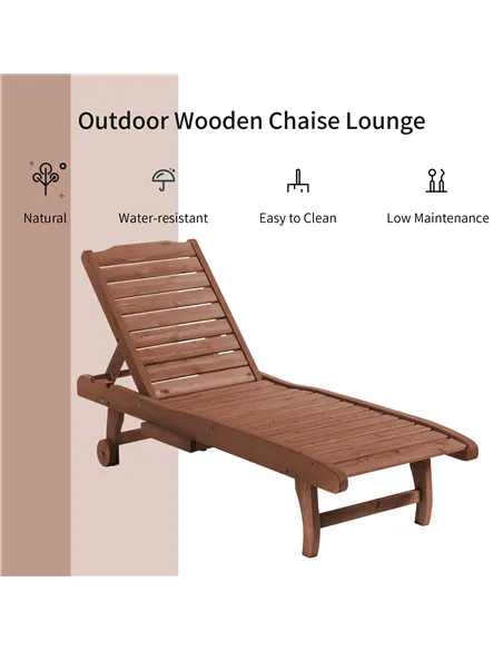 Outsunny Outdoor Wooden Lounger Chair, Sun Bed with Built-In Table, Adjustable Backrest and Wheels, Red Brown