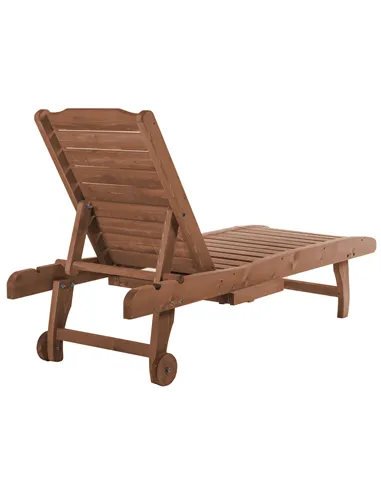 Outsunny Outdoor Wooden Lounger Chair, Sun Bed with Built-In Table, Adjustable Backrest and Wheels, Red Brown