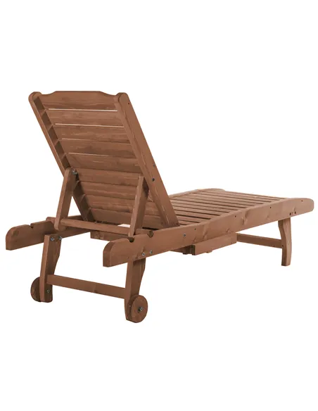 Outsunny Outdoor Wooden Lounger Chair, Sun Bed with Built-In Table, Adjustable Backrest and Wheels, Red Brown