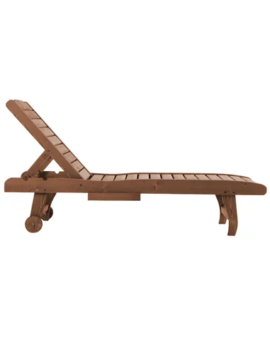 Outsunny Outdoor Wooden Lounger Chair, Sun Bed with Built-In Table, Adjustable Backrest and Wheels, Red Brown