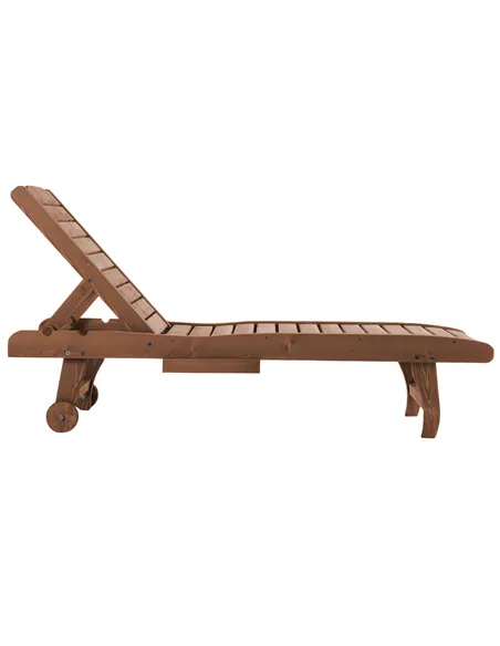 Outsunny Outdoor Wooden Lounger Chair, Sun Bed with Built-In Table, Adjustable Backrest and Wheels, Red Brown