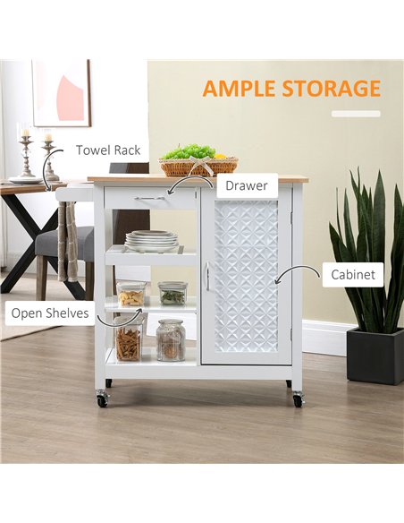 HOMCOM Kitchen Trolley, Kitchen Island on Wheels with Embossed Door Panel, Utility Kitchen Cart with 3 Storage Shelves, White