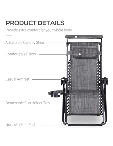 Outsunny Foldable Reclining Garden Chair with Headrest, Zero Gravity Deck Sun Lounger Seat Chair with Footrest, Armrest, Cup Hol
