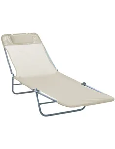 Outsunny Outdoor Foldable Sun Lounger, Adjustable Backrest Garden Recliner Sun Lounger Chair with Headrest Pillow, Beige