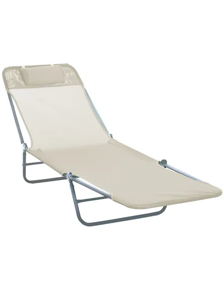Outsunny Outdoor Foldable Sun Lounger, Adjustable Backrest Garden Recliner Sun Lounger Chair with Headrest Pillow, Beige