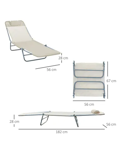 Outsunny Outdoor Foldable Sun Lounger, Adjustable Backrest Garden Recliner Sun Lounger Chair with Headrest Pillow, Beige