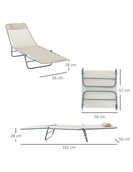 Outsunny Outdoor Foldable Sun Lounger, Adjustable Backrest Garden Recliner Sun Lounger Chair with Headrest Pillow, Beige