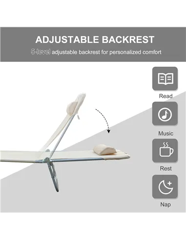 Outsunny Outdoor Foldable Sun Lounger, Adjustable Backrest Garden Recliner Sun Lounger Chair with Headrest Pillow, Beige