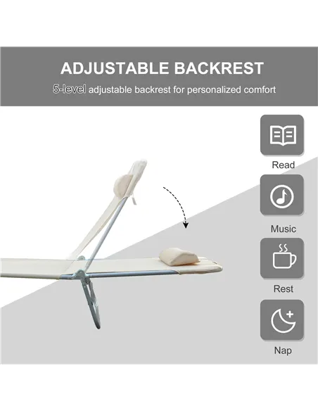 Outsunny Outdoor Foldable Sun Lounger, Adjustable Backrest Garden Recliner Sun Lounger Chair with Headrest Pillow, Beige