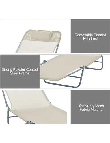 Outsunny Outdoor Foldable Sun Lounger, Adjustable Backrest Garden Recliner Sun Lounger Chair with Headrest Pillow, Beige