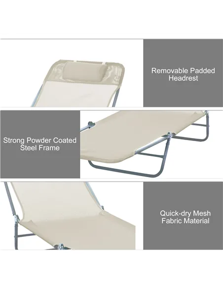 Outsunny Outdoor Foldable Sun Lounger, Adjustable Backrest Garden Recliner Sun Lounger Chair with Headrest Pillow, Beige