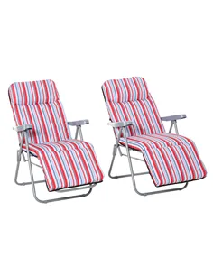 Outsunny Set of 2 Garden Sun Lounger Outdoor Reclining Seat Cushioned Seat Foldable Adjustable Recliner Red and White