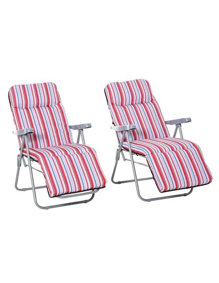 Outsunny Set of 2 Garden Sun Lounger Outdoor Reclining Seat Cushioned Seat Foldable Adjustable Recliner Red and White