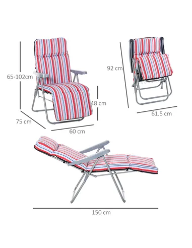 Outsunny Set of 2 Garden Sun Lounger Outdoor Reclining Seat Cushioned Seat Foldable Adjustable Recliner Red and White