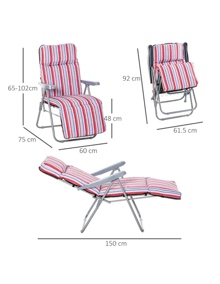 Outsunny Set of 2 Garden Sun Lounger Outdoor Reclining Seat Cushioned Seat Foldable Adjustable Recliner Red and White