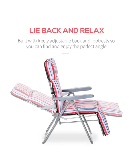 Outsunny Set of 2 Garden Sun Lounger Outdoor Reclining Seat Cushioned Seat Foldable Adjustable Recliner Red and White