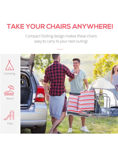 Outsunny Set of 2 Garden Sun Lounger Outdoor Reclining Seat Cushioned Seat Foldable Adjustable Recliner Red and White