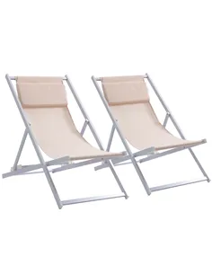 Outsunny Set of 2 Folding Garden Beach Aluminium Frame Deck Chairs Deckchairs Seaside Folding Garden Patio Lounger, Beige