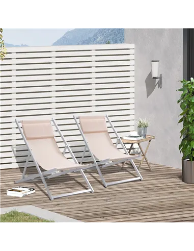 Outsunny Set of 2 Folding Garden Beach Aluminium Frame Deck Chairs Deckchairs Seaside Folding Garden Patio Lounger, Beige