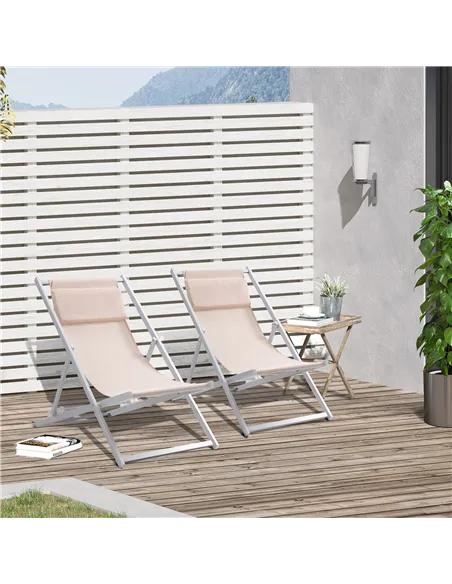 Outsunny Set of 2 Folding Garden Beach Aluminium Frame Deck Chairs Deckchairs Seaside Folding Garden Patio Lounger, Beige