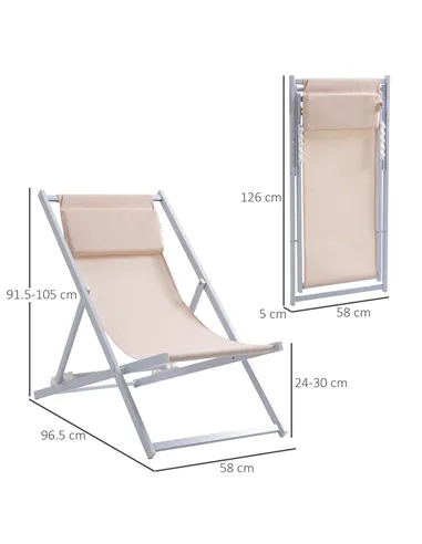 Outsunny Set of 2 Folding Garden Beach Aluminium Frame Deck Chairs Deckchairs Seaside Folding Garden Patio Lounger, Beige