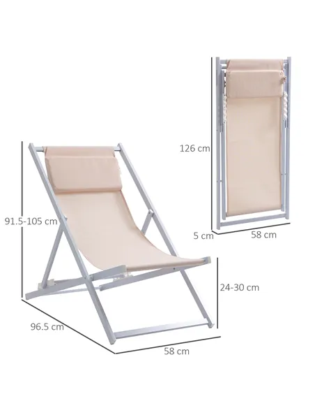 Outsunny Set of 2 Folding Garden Beach Aluminium Frame Deck Chairs Deckchairs Seaside Folding Garden Patio Lounger, Beige
