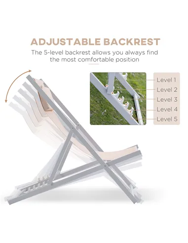 Outsunny Set of 2 Folding Garden Beach Aluminium Frame Deck Chairs Deckchairs Seaside Folding Garden Patio Lounger, Beige