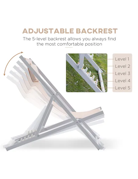 Outsunny Set of 2 Folding Garden Beach Aluminium Frame Deck Chairs Deckchairs Seaside Folding Garden Patio Lounger, Beige