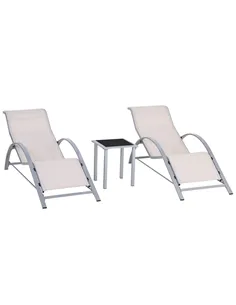 Outsunny 3 Pieces Lounge Chair Set Metal Frame Garden Outdoor Recliner Sunbathing Chair with Table, Cream