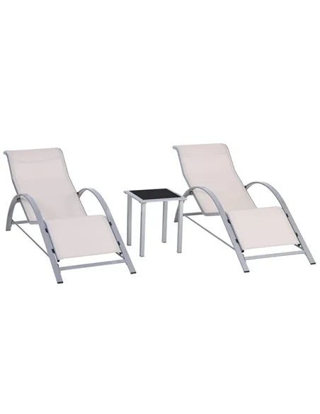 Outsunny 3 Pieces Lounge Chair Set Metal Frame Garden Outdoor Recliner Sunbathing Chair with Table, Cream