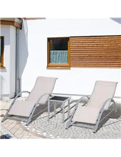 Outsunny 3 Pieces Lounge Chair Set Metal Frame Garden Outdoor Recliner Sunbathing Chair with Table, Cream 2