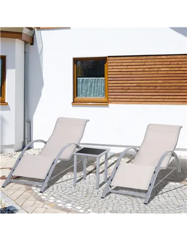 Outsunny 3 Pieces Lounge Chair Set Metal Frame Garden Outdoor Recliner Sunbathing Chair with Table, Cream