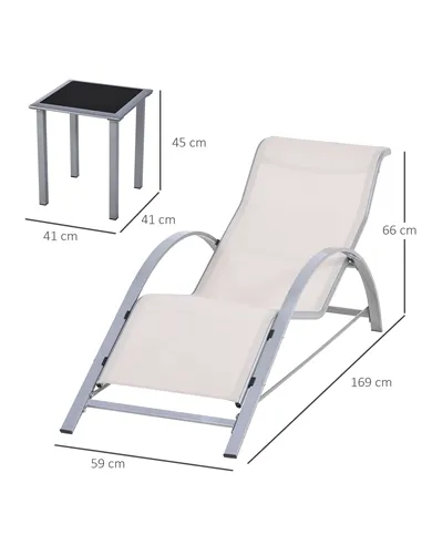 Outsunny 3 Pieces Lounge Chair Set Metal Frame Garden Outdoor Recliner Sunbathing Chair with Table, Cream