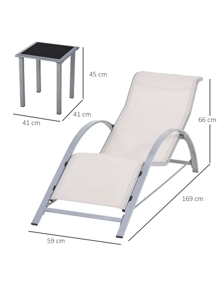 Outsunny 3 Pieces Lounge Chair Set Metal Frame Garden Outdoor Recliner Sunbathing Chair with Table, Cream