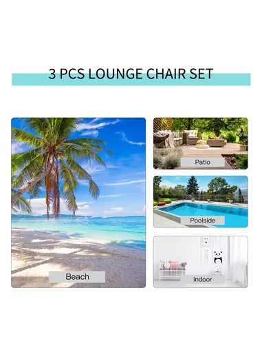 Outsunny 3 Pieces Lounge Chair Set Metal Frame Garden Outdoor Recliner Sunbathing Chair with Table, Cream