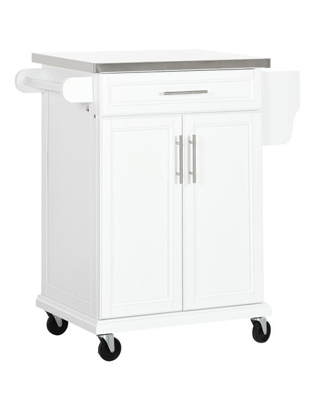 HOMCOM Wooden Kitchen Island on Wheels, Serving Cart Storage Trolley with Stainless Steel Top, Drawer, Side Handle and Rack, Whi