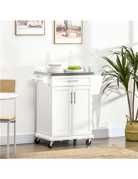 HOMCOM Wooden Kitchen Island on Wheels, Serving Cart Storage Trolley with Stainless Steel Top, Drawer, Side Handle and Rack, Whi