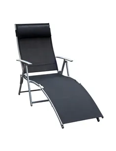 Outsunny Sun Lounger Steel Frame Outdoor Folding Chaise Texteline Lounge Chair Recliner with Headrest & 7 Levels Adjustable Back