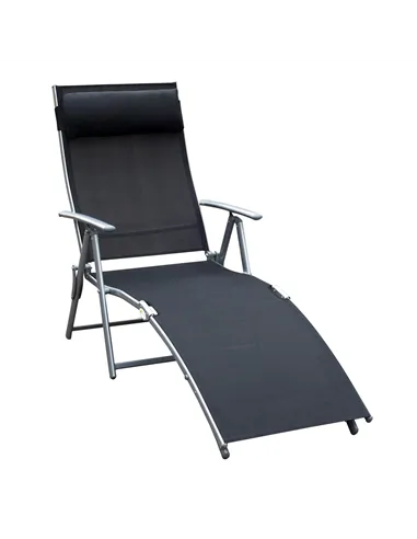 Outsunny Sun Lounger Steel Frame Outdoor Folding Chaise Texteline Lounge Chair Recliner with Headrest & 7 Levels Adjustable Back