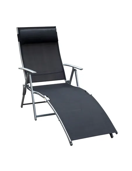 Outsunny Sun Lounger Steel Frame Outdoor Folding Chaise Texteline Lounge Chair Recliner with Headrest & 7 Levels Adjustable Back